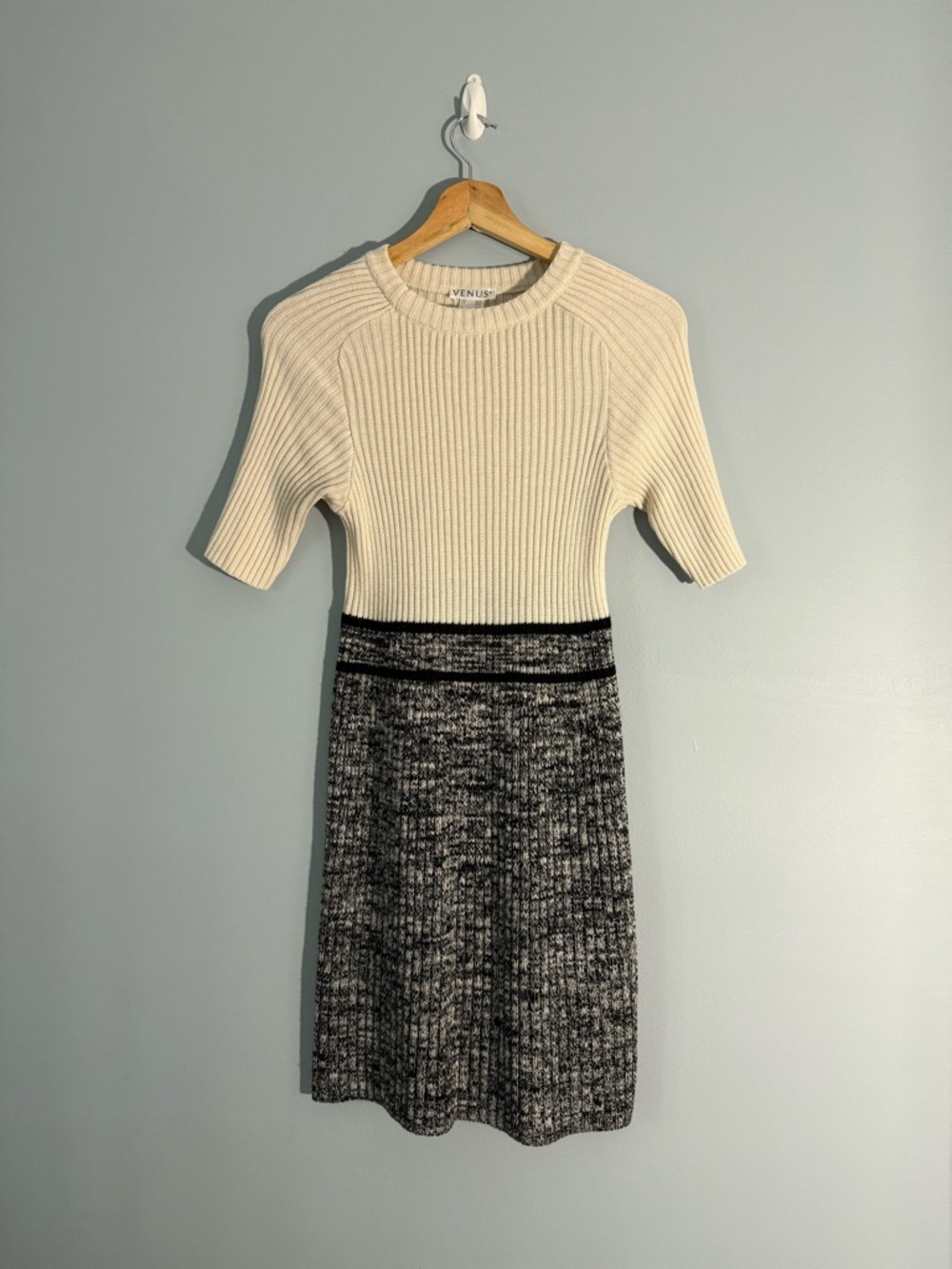 Venus Cream Black Ribbed Dress
